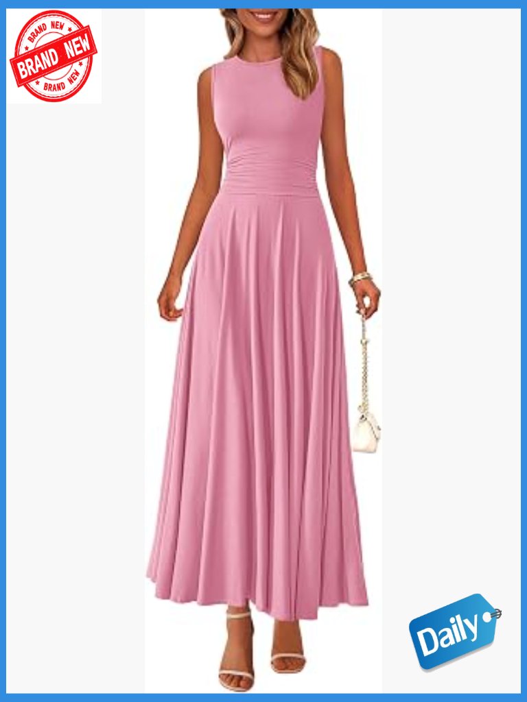 Sleeveless Crewneck A-Line Maxi Dress Stretch Tank Flowy Long Dress Summer